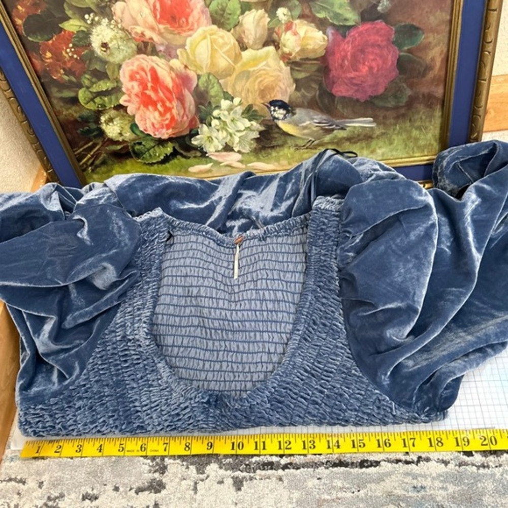 Free People Dress Medium Blue Smocked Velvet Medieval Princess LOTR Fairy Pocket - Picture 8 of 10